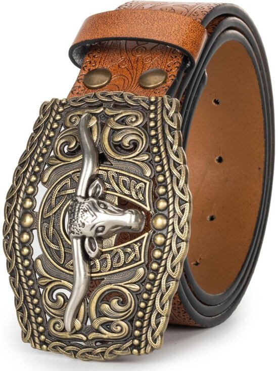 Women's Brown 3 Western Pu Leather Longhorn Bull Turquoise Embossed Buckle Belt